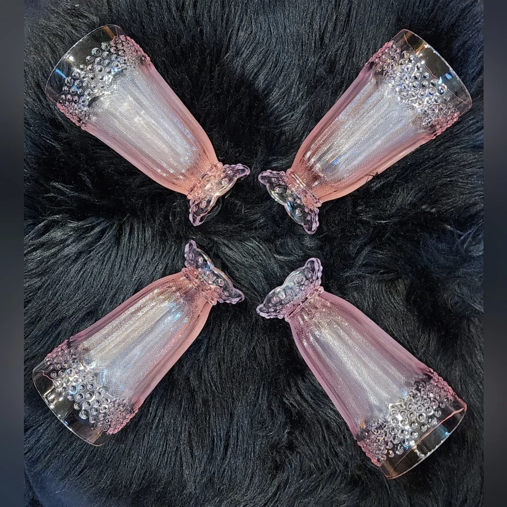 4 Vintage Gorham Emily's Attic Pink Hobnail Herringbone Highball Glasses